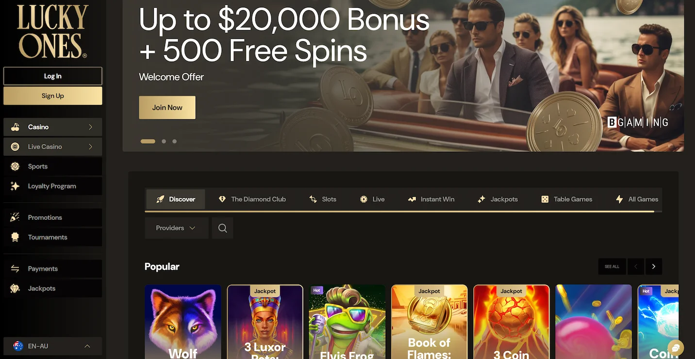 LuckyOnes frontpage displaying welcome offer, online pokies and site navigation