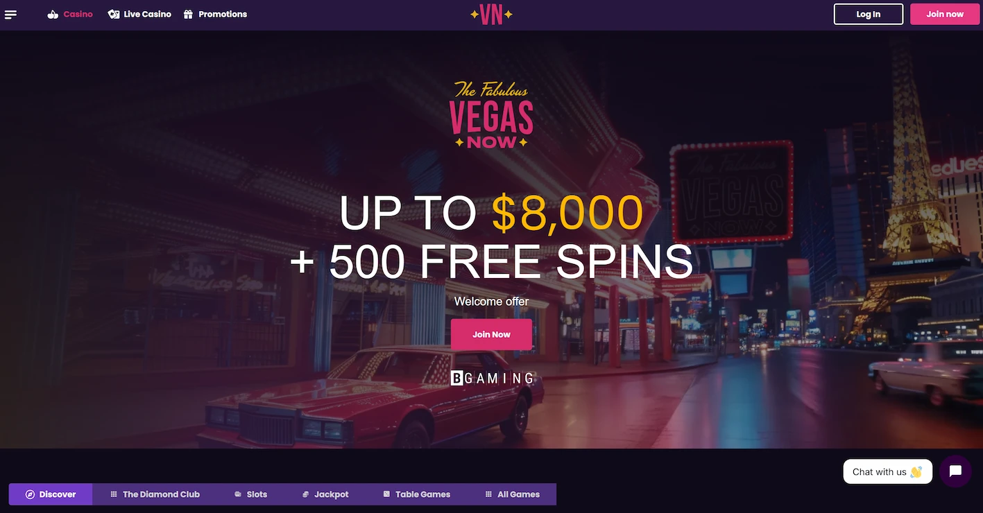 VegasNow casino frontpage displaying welcome offer